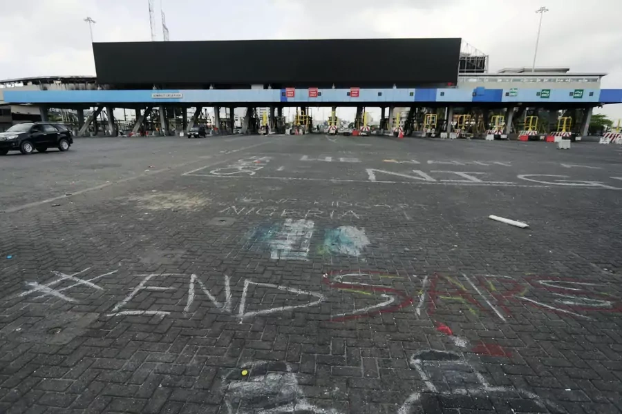 'End Sars' drawing, referring to the Special Anti-Robbery Squad police unit, is pictured at the Lekki toll gate after days of unrest in Lagos, Nigeria on October 24, 2020.