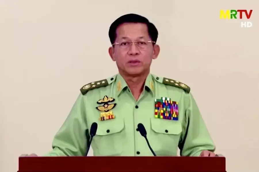 Myanmar's military junta leader, General Min Aung Hlaing, speaks in a media broadcast in Naypyidaw, Myanmar, on February 8, 2021 in this still image taken from video.