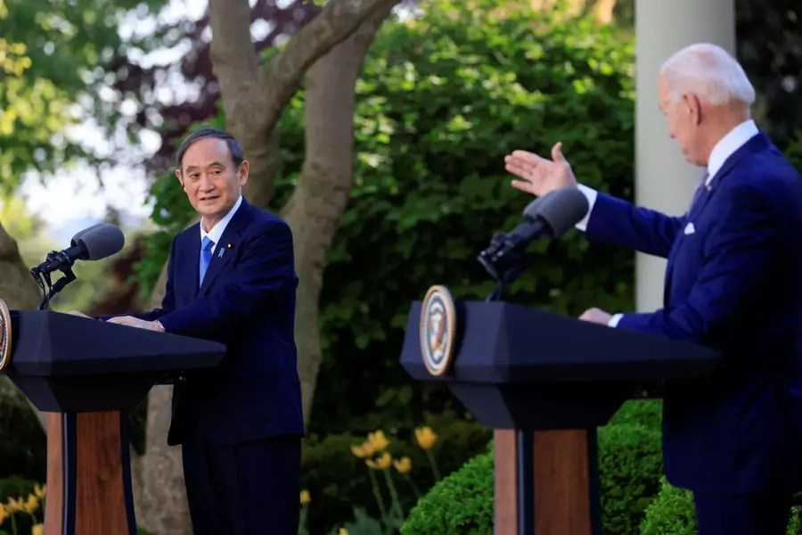U.S. President Joe Biden speaks as he holds a joint news conference with Japan's Prime Minister Yoshihide Suga in the Rose Garden at the White House in Washington, U.S., April 16, 2021.