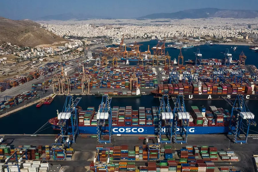 Aerial photo taken on Sept. 6, 2019, shows a cargo ship of COSCO Shipping Lines at the Port of Piraeus in Greece. 