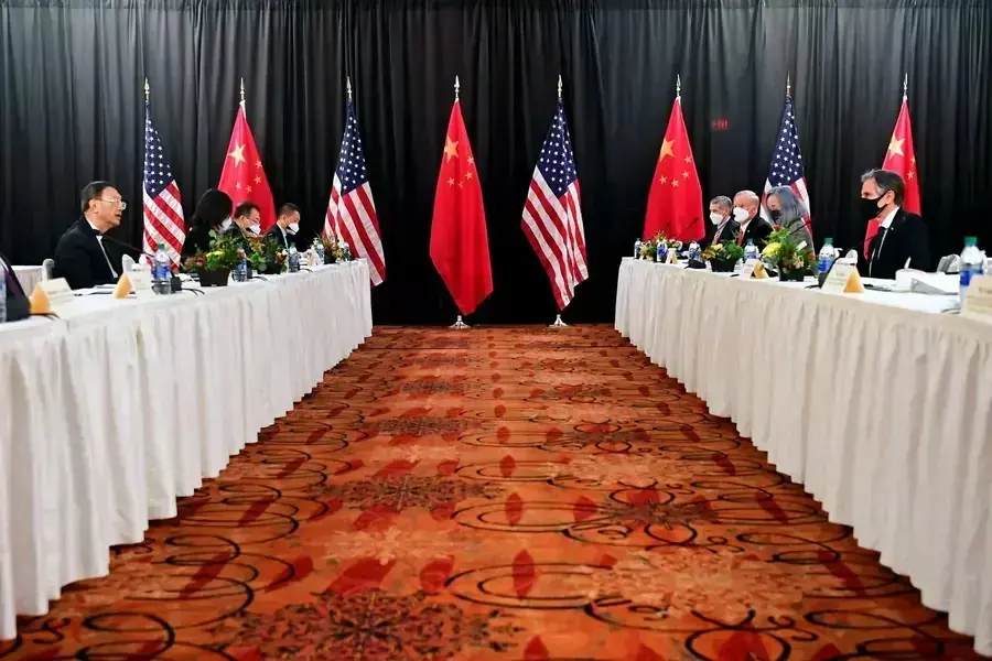 U.S. Secretary of State Antony Blinken, National Security Advisor Jake Sullivan, speaks while facing Yang Jiechi, director of the Central Foreign Affairs Commission Office, and Wang Yi, China's State Councilor and Foreign Minister, at the opening session 