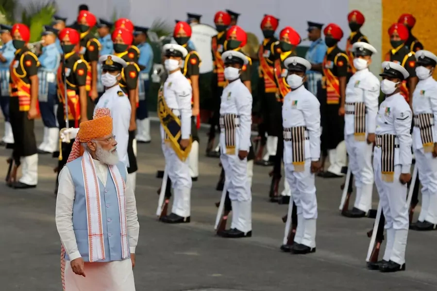 Indian Prime Minister Narendra Modi inspects the honor guard during Independence Day celebrations at the historic Red Fort in Delhi, India on August 15, 2021.