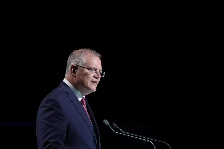Australian Prime Minister Scott Morrison speaks during a state memorial honouring victims of the Australian bushfires at Qudos Bank Arena in Sydney, New South Wales, Australia, on February 23, 2020.