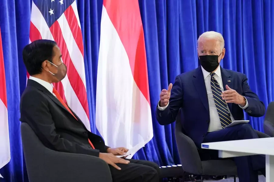 U.S. President Joe Biden talks with Indonesia's President Joko Widodo during a bilateral meeting at the UN Climate Change Conference (COP26) in Glasgow, Scotland, on November 1, 2021.