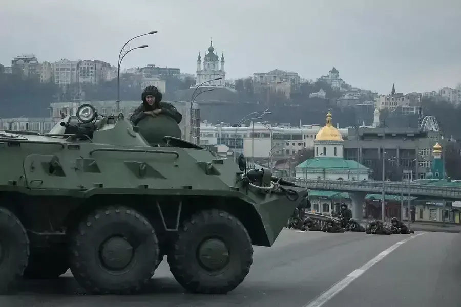 Ukrainian National Guard patrols the streets of Kyiv, Ukraine.