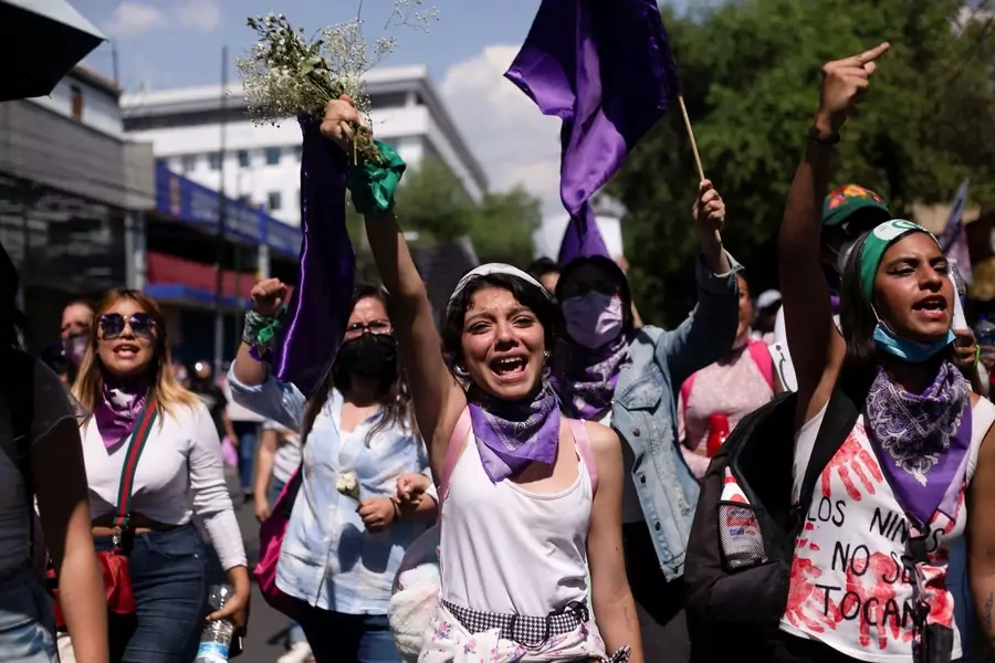 Women participate in a protest on April 24, 2022 in Mexico City to demand justice for victims of gender-based violence and femicides following the death of Debanhi Escobar.