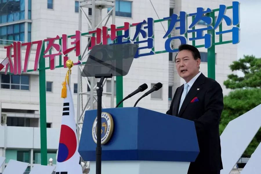 South Korean President Yoon Suk-yeol speaks during a ceremony to celebrate Korean Liberation Day from Japanese colonial rule in 1945, at the presidential office square in Seoul, South Korea, August 15, 2022.