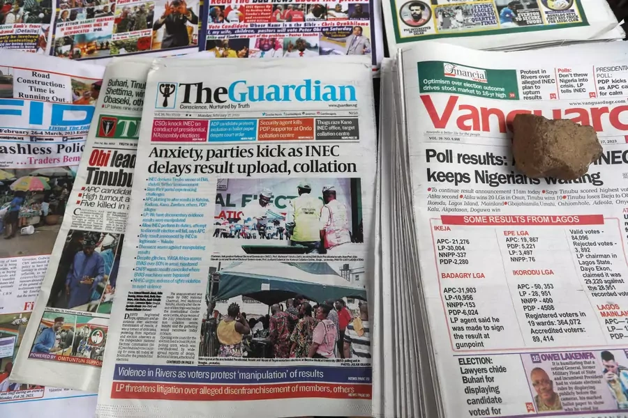 Newspapers are displayed at a street vendor, before the announcement of election results by Independent National Electoral Commission, in Awka, Anambra state, Nigeria on February 27, 2023.