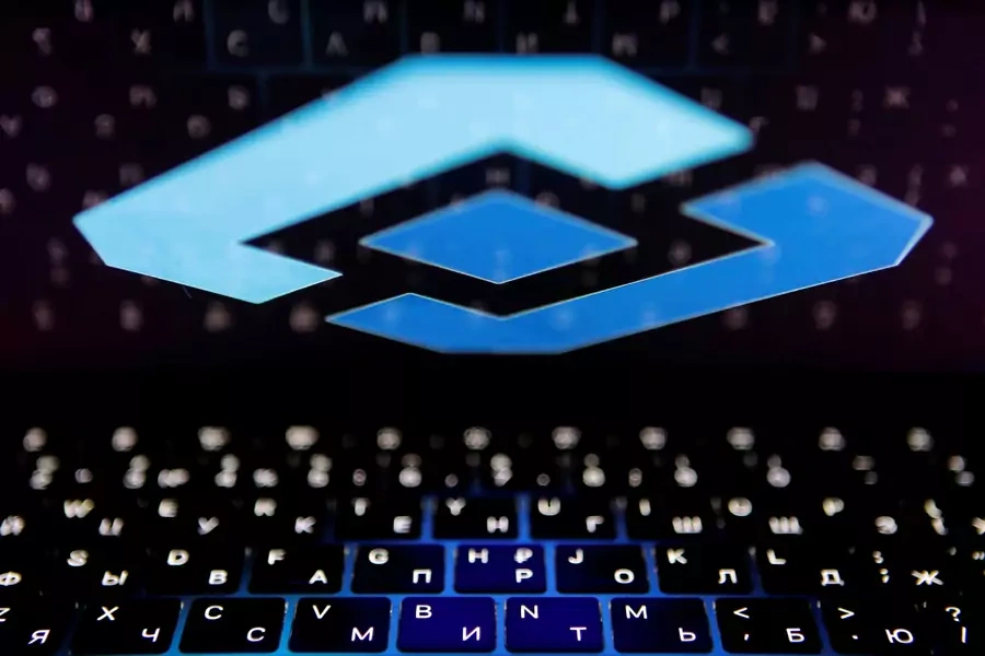 The logo of Russia's state communications regulator, Roskomnadzor, is reflected in a laptop screen.