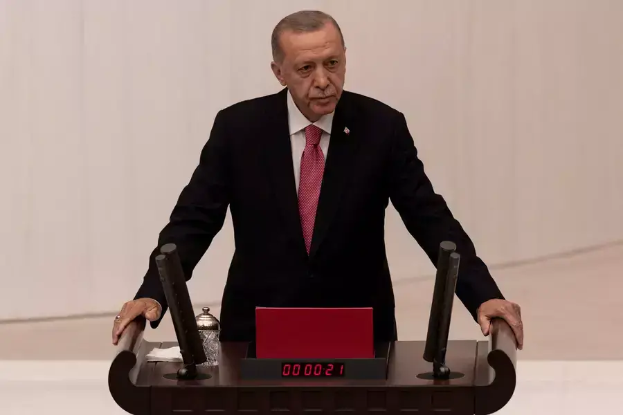 Turkish President Recep Tayyip Erdogan takes the oath of office in Ankara, Turkey on June 3, 2023, after winning his third term in office.