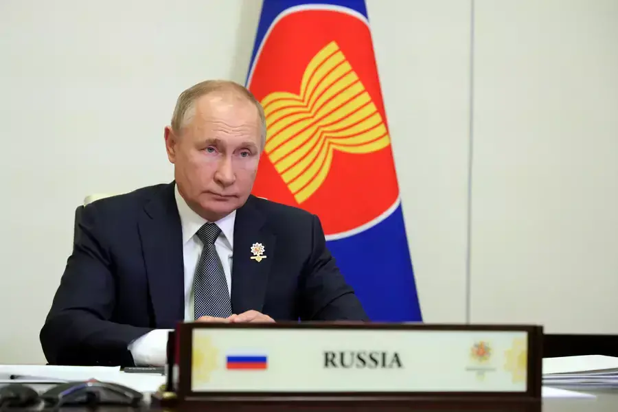 Russian President Vladimir Putin attends ASEAN summit via a video link at his residence outside Moscow, Russia, on October 28, 2021.