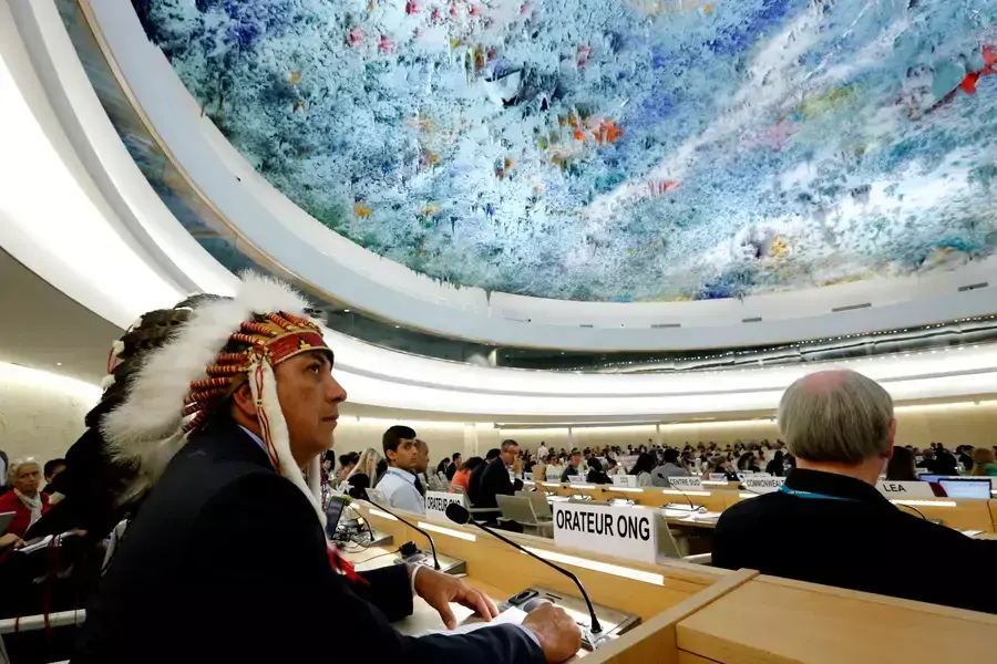Dave Archambault II, chairman of the Standing Rock Sioux tribe, waits to give his speech against the Energy Transfer Partners' Dakota Access oil pipeline during the Human Rights Council at the United Nations in Geneva, Switzerland on September 20, 2016.
