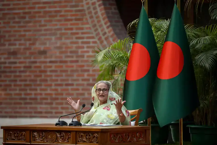 Sheikh Hasina, the newly elected Prime Minister of Bangladesh and Chairperson of Bangladesh Awami League, gestures during a meeting with foreign observers and journalists at the Prime Minister's residence in Dhaka, Bangladesh, on January 8, 2024.