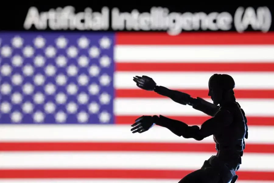 A miniature robot in front of the U.S. flag, illustrated on December 21, 2023. 
