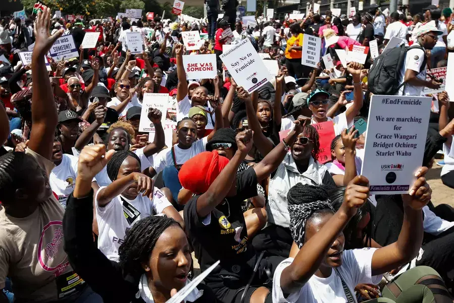 Human rights activists react as they attend a protest demanding an end to femicides in the country in Kenya's capital, Nairobi, January 27, 2024.
