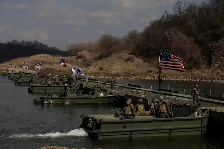 South Korean and U.S. soldiers participate in a joint river-crossing exercise in Yeoncheon, South Korea, on March 20, 2024.