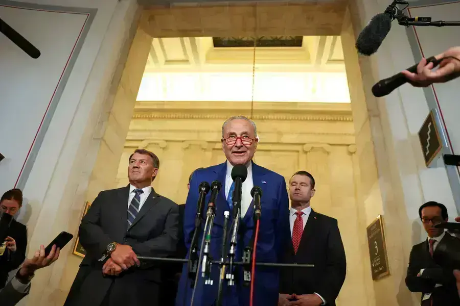 U.S. Senate Majority Leader Chuck Schumer (D-NY) addresses a press conference during a break in a bipartisan Artificial Intelligence (AI) Insight Forum for all U.S. senators at the U.S. Capitol on September 13, 2023.