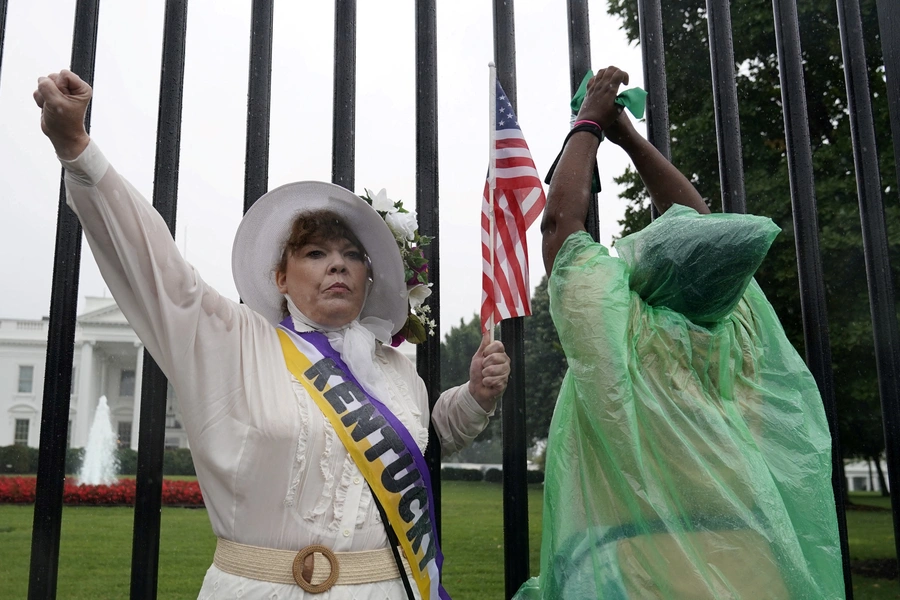 Women's March activists gather outside the White House in the wake of the U.S. Supreme Court's decision to overturn the landmark Roe v Wade abortion decision in Washington, D.C., U.S., July 9, 2022.