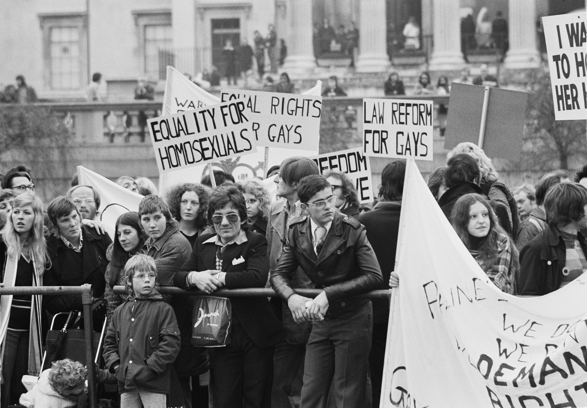 Demonstrators in Trafalgar Square at a rally organized by the Campaign for Homosexual Equality in  London on November 2, 1974