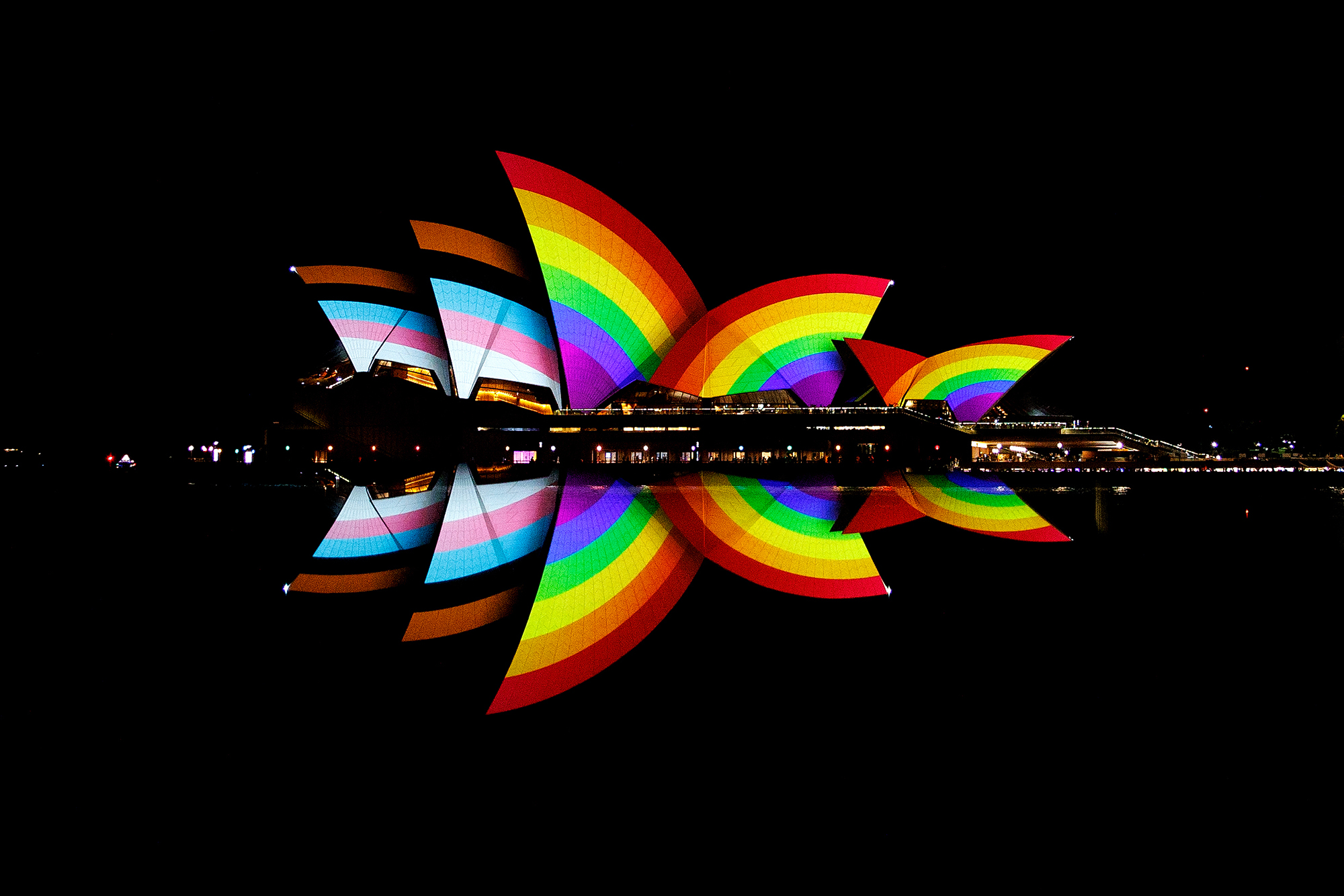 The Progress Pride flag is seen projected onto the Sydney Opera House 