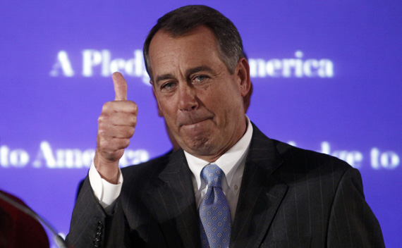 House Minority Leader John Boehner (R-OH), who broke down in tears during his speech, gives a thumbs up at the end of his address to a Republican election night results watch rally in Washington