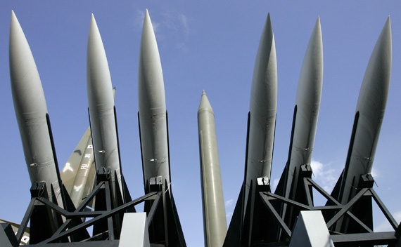 Models of a North Korean Scud-B missile and South Korean Hawk surface-to-air missiles are seen at the Korean War Memorial Museum in Seoul