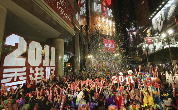 Revellers take part in New Year celebrations in Hong Kong’s Times Square