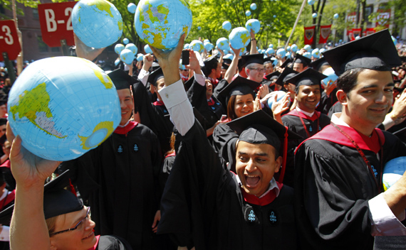 Students from Harvard Kennedy School cheer as they receive their degrees during the 360th Commencement Exercises at Harvard University in Cambridge, Massachusetts May 26, 2011.