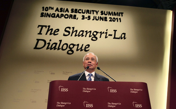 Malaysia’s Prime Minister Najib Razak gives the opening keynote speech at the 10th International Institute of Strategic Studies (IISS) Asia Security Summit: The Shangri-La Dialogue in Singapore June 3, 2011.