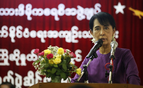 Myanmar’s pro-democracy leader Aung San Suu Kyi speaks at a ceremony to welcome and acknowledge released political prisoners at the National League for Democracy (NLD) head office in Yangon May 27, 2011.