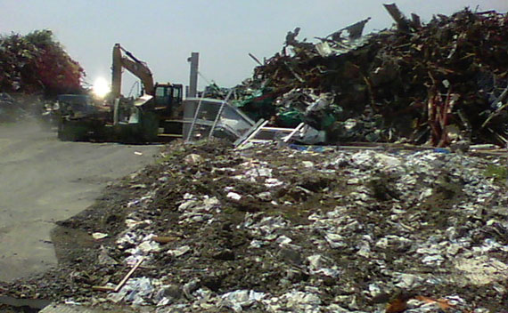 In Ishigaki, debris of all types in piles along the roadway, organized by type and size (June 22, 2011).