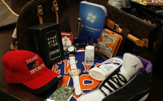 Counterfeit goods seized by the U.S. government are shown on display at the National Intellectual Property Rights Coordination Center in northern Virginia on October 7, 2010.