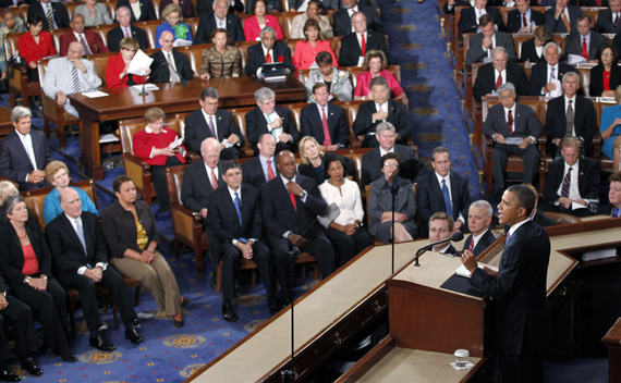U.S. President Barack Obama addresses a Joint Session of Congress inside the chamber of the House of Representatives on Capitol Hill in Washington September 8, 2011.