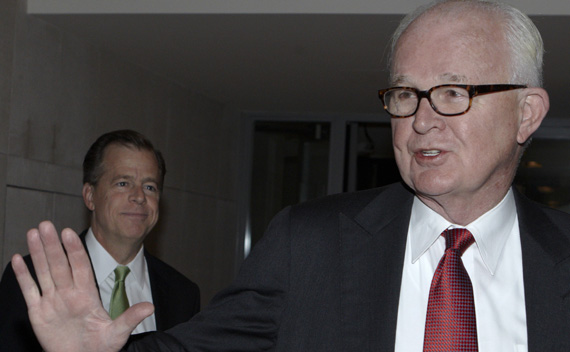 U.S. Special Envoy for North Korea Policy Stephen Bosworth (R) and U.S ambassador to the International Atomic Energy Agency Glyn Davies (L) leave their hotel for the United States Mission in Geneva October 25, 2011