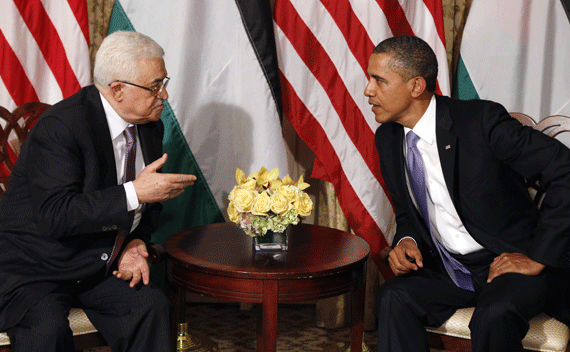 U.S. President Barack Obama (R) meets Palestinian President Mahmoud Abbas in New York September 21, 2011. Both leaders are in New York for the United Nations General Assembly. REUTERS/Kevin Lamarque