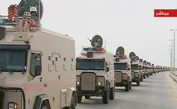 Saudi Arabian troops cross the causeway leading to Bahrain in this still image from video on March 14, 2011.