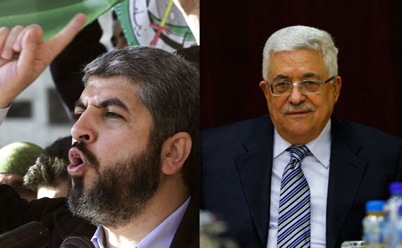 Khaled Meshal, leader of the militant Palestinian group Hamas and Palestinian President Mahmoud Abbas.