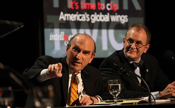 Elliott Abrams and Eliot Cohen at the Intelligence Squared debate on April 5, 2011.