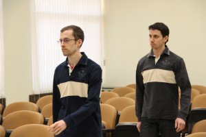 American hikers Shane Bauer (L) and Josh Fattal attend the first session of their trial at the revolutionary court in Tehran February 6, 2011.