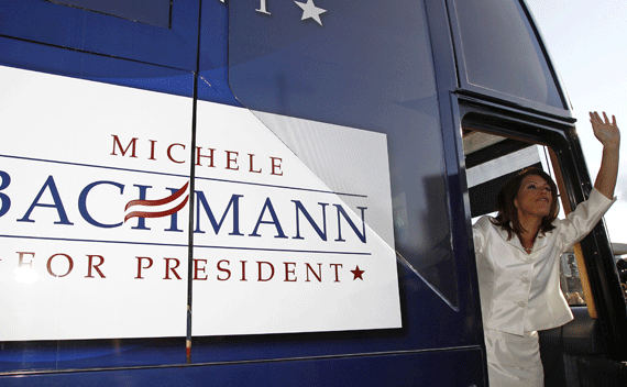 U.S. Republican presidential candidate and Minnesota Congresswoman Michele Bachmann waves to supporters from her bus after winning the Iowa Straw Poll in Ames, Iowa, August 13, 2011. REUTERS/Jim Young
