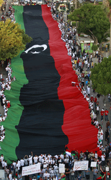Libyan protesters carry a Kingdom of Libya flag during a rally against Muammar Gaddafi in Benghazi July 1, 2011. REUTERS/Thaier al-Sudani 