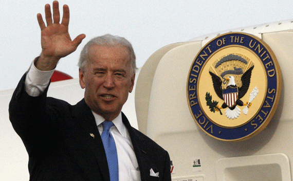 Vice President Joe Biden waves before boarding a plane at Ben Gurion International airport near Tel Aviv March 11, 2010. (Ronen Zvulun/courtesy Reuters)