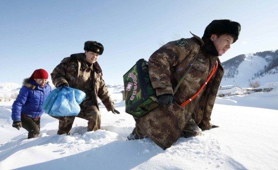 Chinese Doctors Walking in Snow