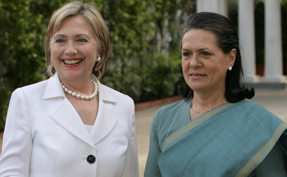Secretary of State Hillary Clinton shakes hands with Chief of India’s ruling Congress party Sonia Gandhi before their meeting in New Delhi on July 20, 2009. (B. Mathur/courtesy Reuters) 