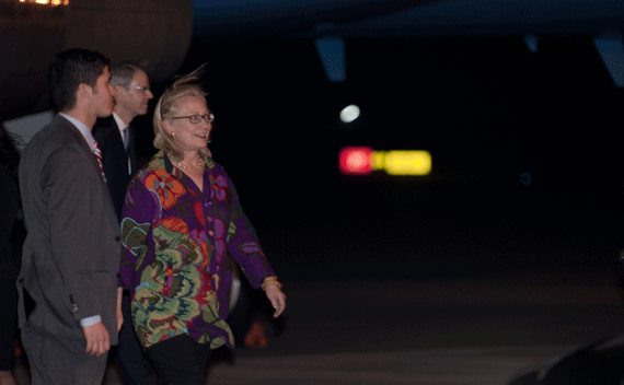 Secretary of State Hillary Clinton arrives in Indonesia on July 21, 2011. 