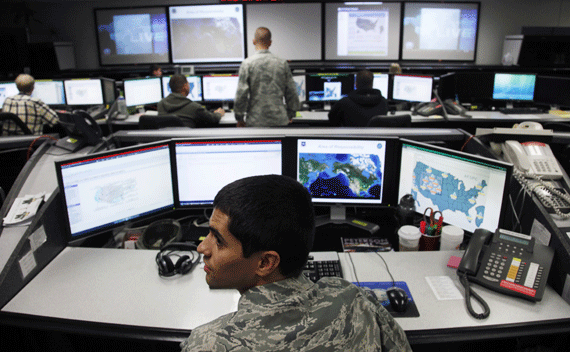 2Lt William Liggett works at the Air Force Space Command Network Operations & Security Center at Peterson Air Force Base in Colorado Springs