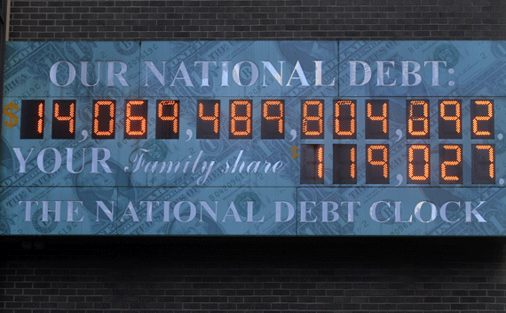 The National Debt Clock, which hangs from a building near Times Square in New York.
