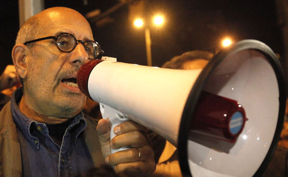 Mohamed ElBaradei speaks to protesters at Tahrir Square in Cairo