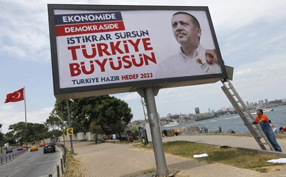 Turkish Prime Minister Tayyip Erdogan’s election campaign banner in Istanbul.