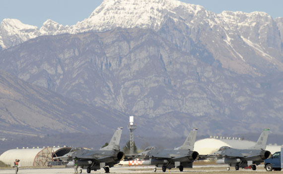 U.S. Air Force F-16 Fighting Falcons return to Aviano Air Base, Italy, after supporting Operation Odyssey Dawn on March 23, 2011.